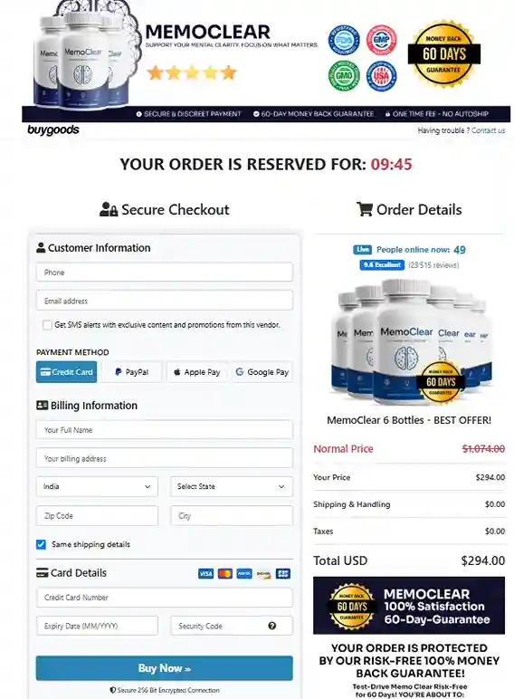 MemoClear Order Page